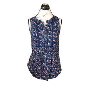 Loft Womens Blouse Sz XS Floral Trim Popover Mid Button Sleeveless Botanical